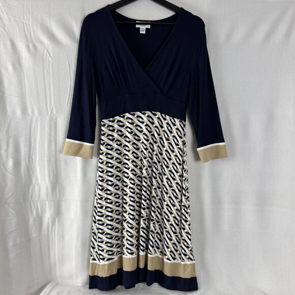 Talbots Petite Sz 2P Wrap Chain Link Print Stretch A Line Midi Dress Navy White - Picture 1 of 10